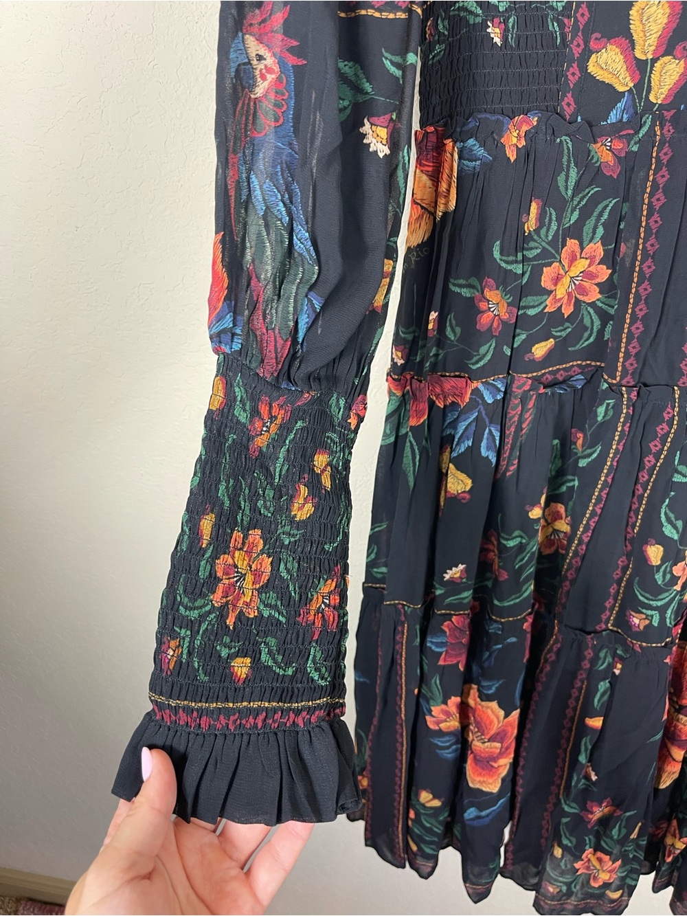 Farm Rio Macaws Garden Floral Long Sleeve Midi Dress Size Medium - Picture 6 of 9